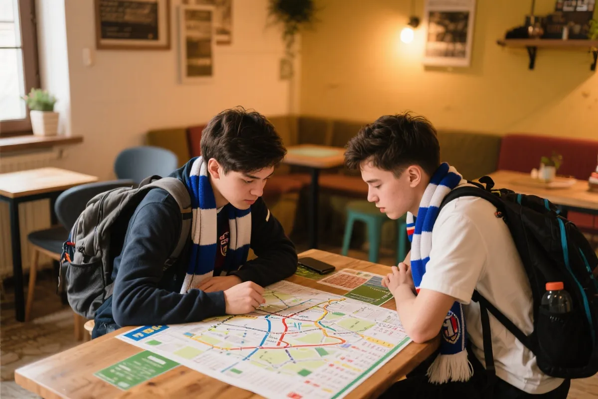 青年旅舍公共区域：地图、地铁线路与球迷行程讨论的温暖氛围