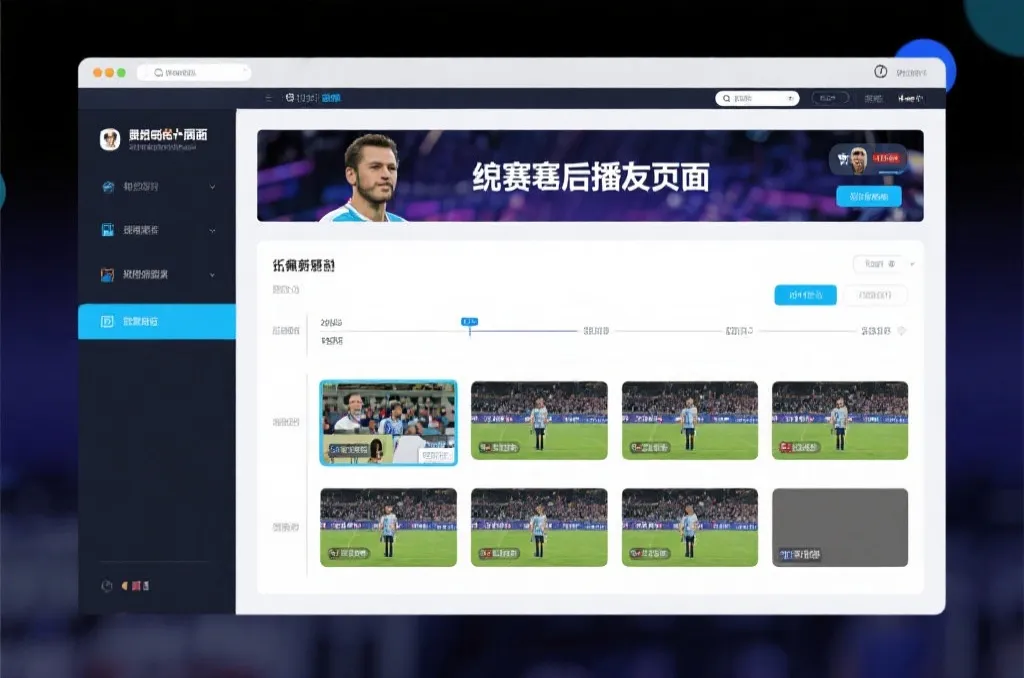 比赛结束后，电视屏幕展示集锦回放页面，旁边有时间轴和多角度切换提示